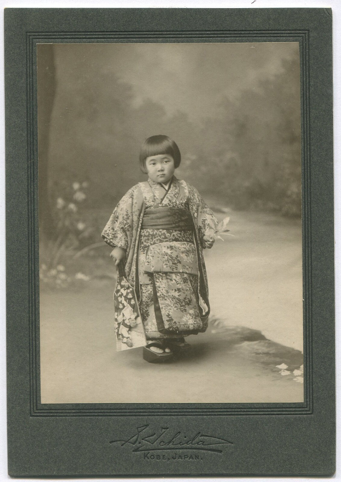 Vintage Japanese girl in traditional kimono, early 1900s photo, ID on back,