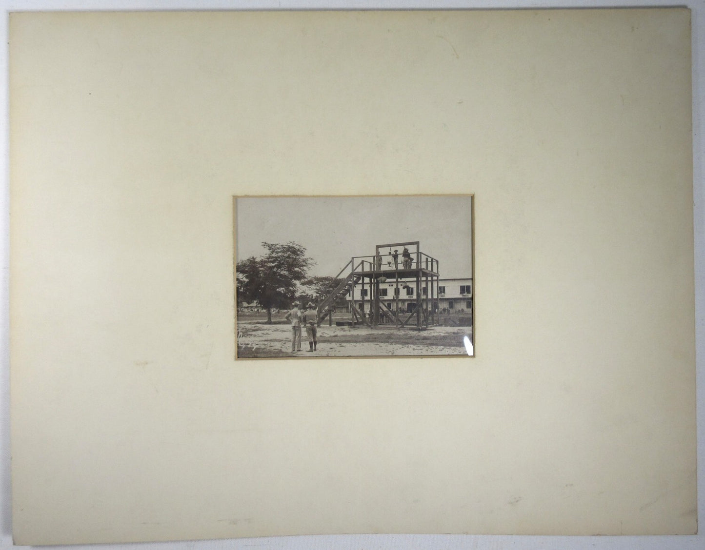 MILITARY GALLOWS, HANGING OF TWO MEN. 5X7 B&W ON 7X9 CARD.