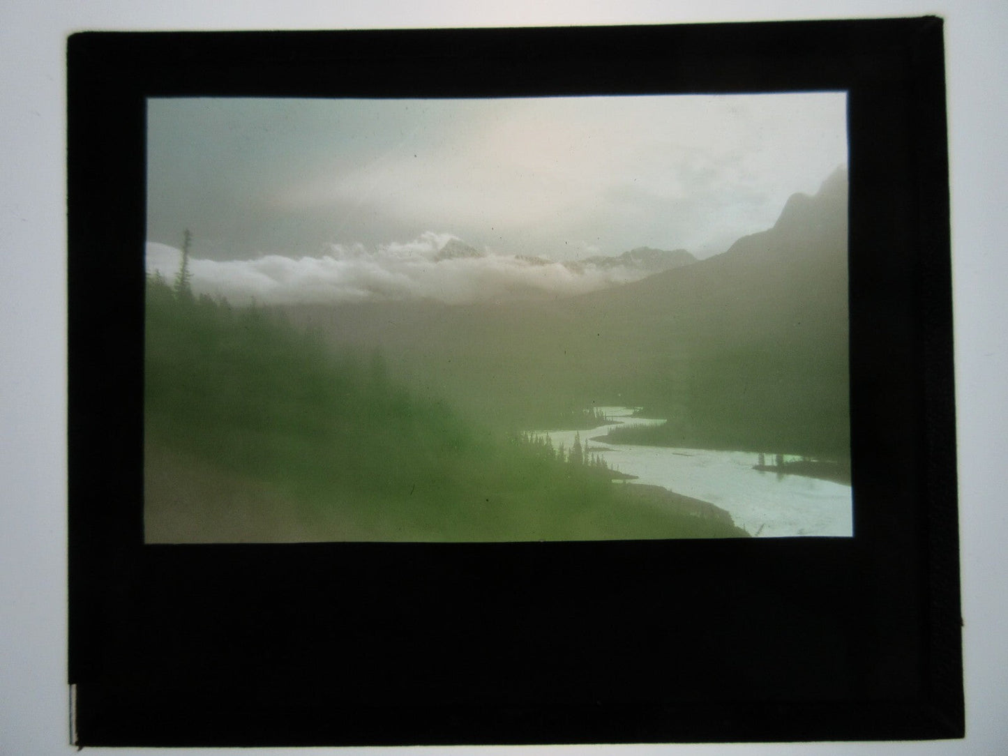 Vintage Hand-Colored Lantern Slide - Storm Over Mt. Geikie, Canada on Glass