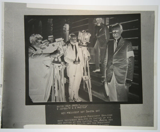 CAMERA MEN FILMING PRESIDENT COOLIDGE. 4X5 NEGATIVE.
