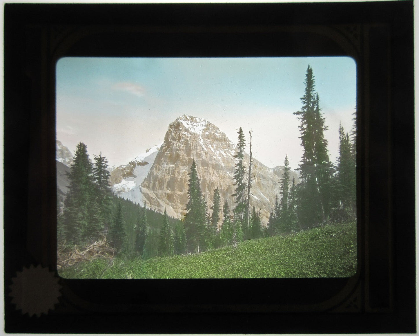 Vintage hand-colored lantern slide Canada Mt. Stephen Burgess Pass on glass; original old photo 3.25 x 3.5 in