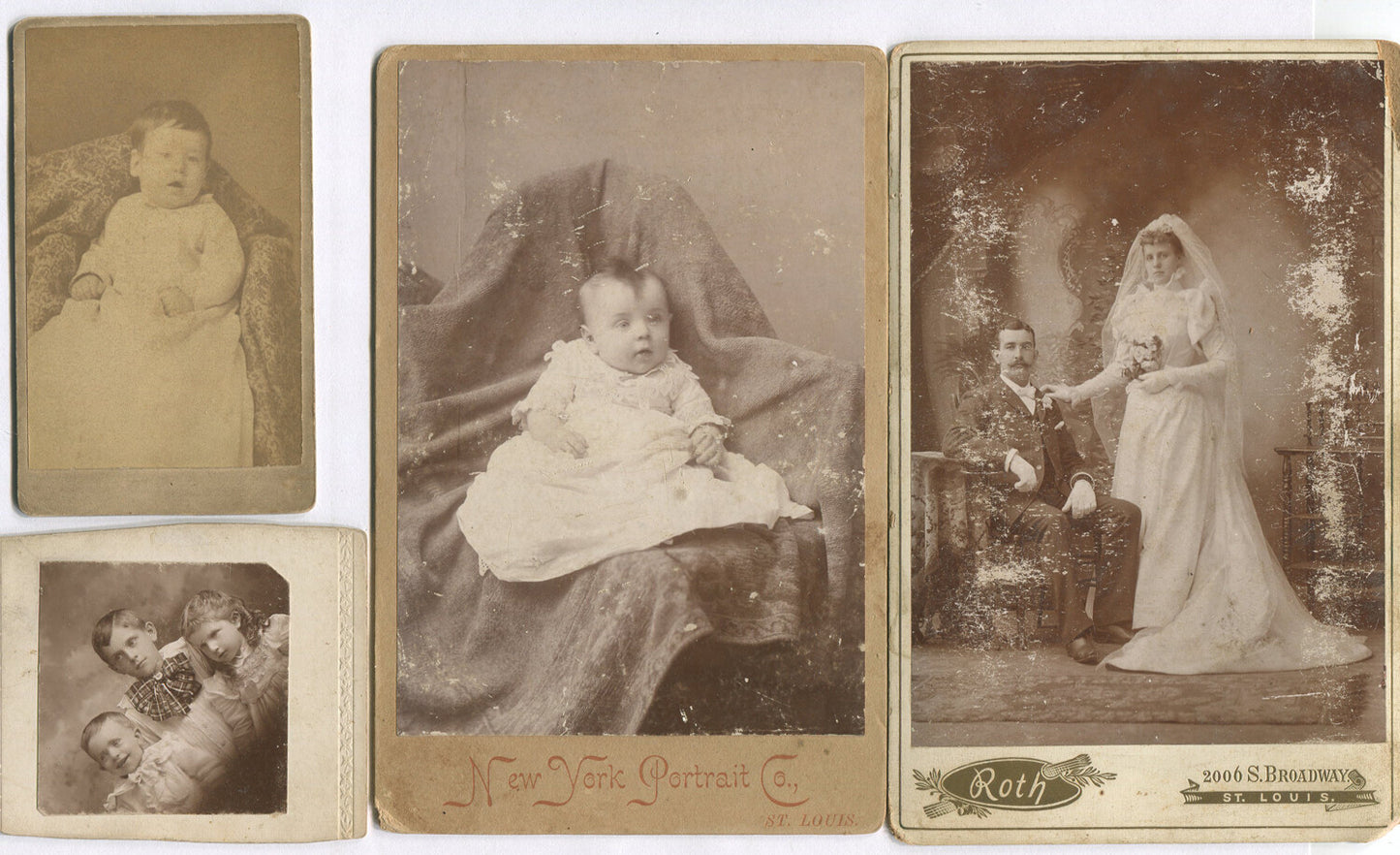 FAMILY PHOTOS, WEDDING, BABY IN MOHAWK HAIR. 4 SET CABINET CARD/CDV.