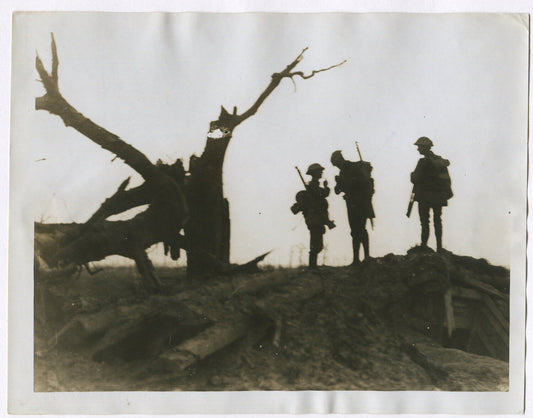 BRITISH TROOPS IN SILHOUETTE, FLANDERS. WWI. (8X10 REPRINT)
