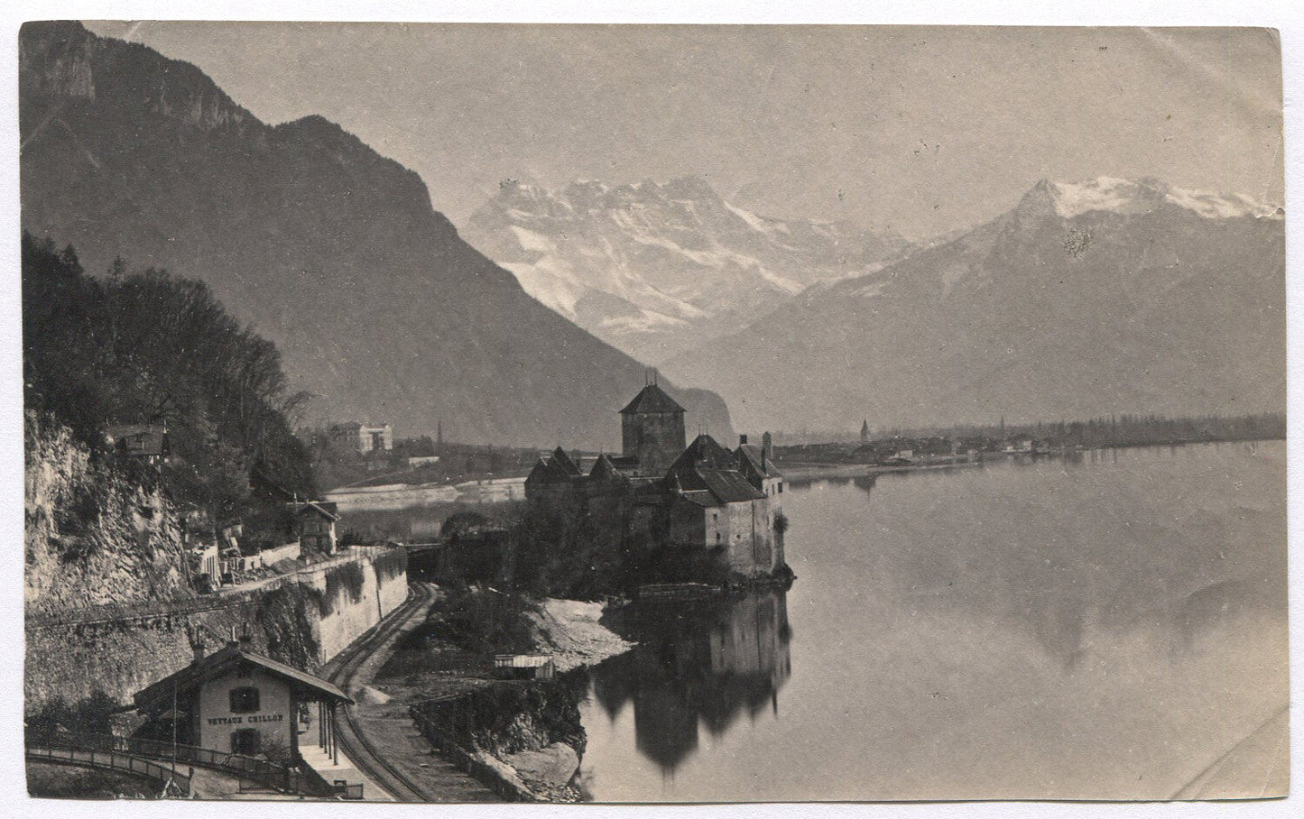 Vintage Albumen Photo 4x6 Rail Station Next Lake - Snow-Capped Mountains,