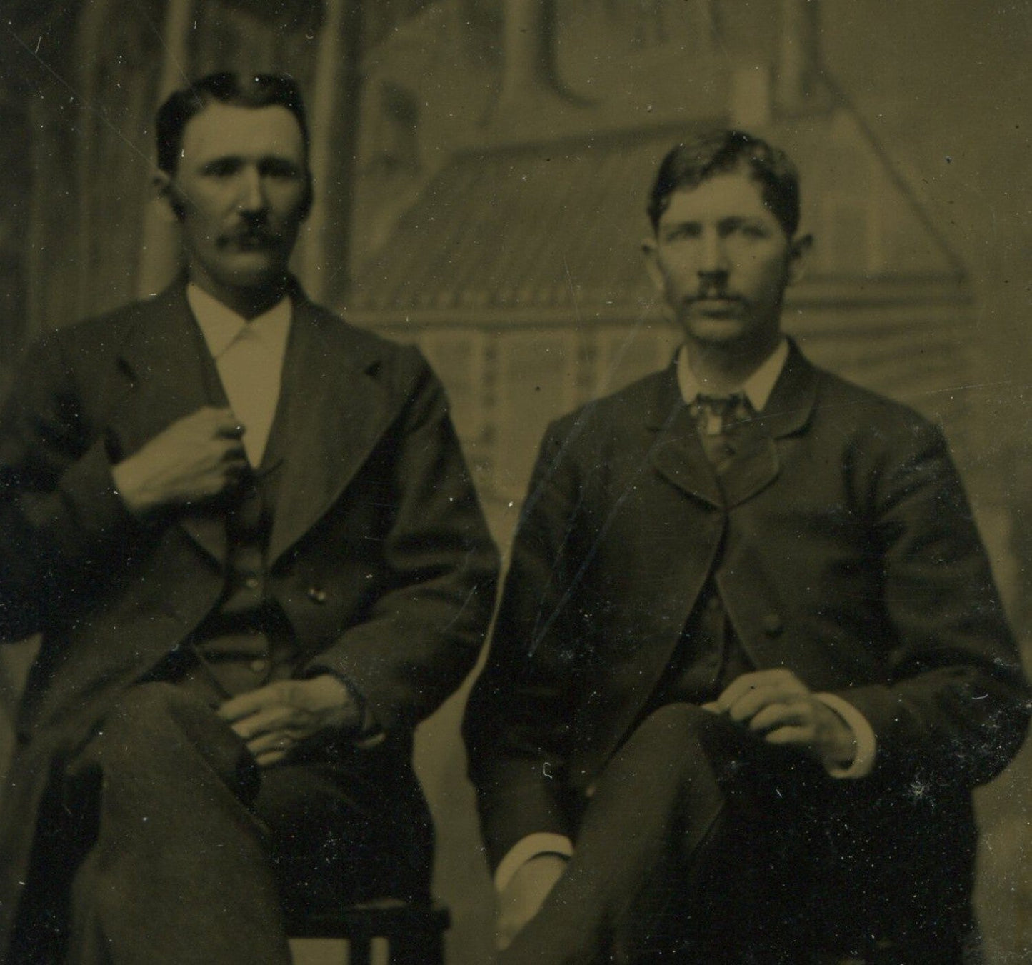 Vintage Tintype Photo: Two Men Seated with Painted Background, 3.75x2.5 in, Original