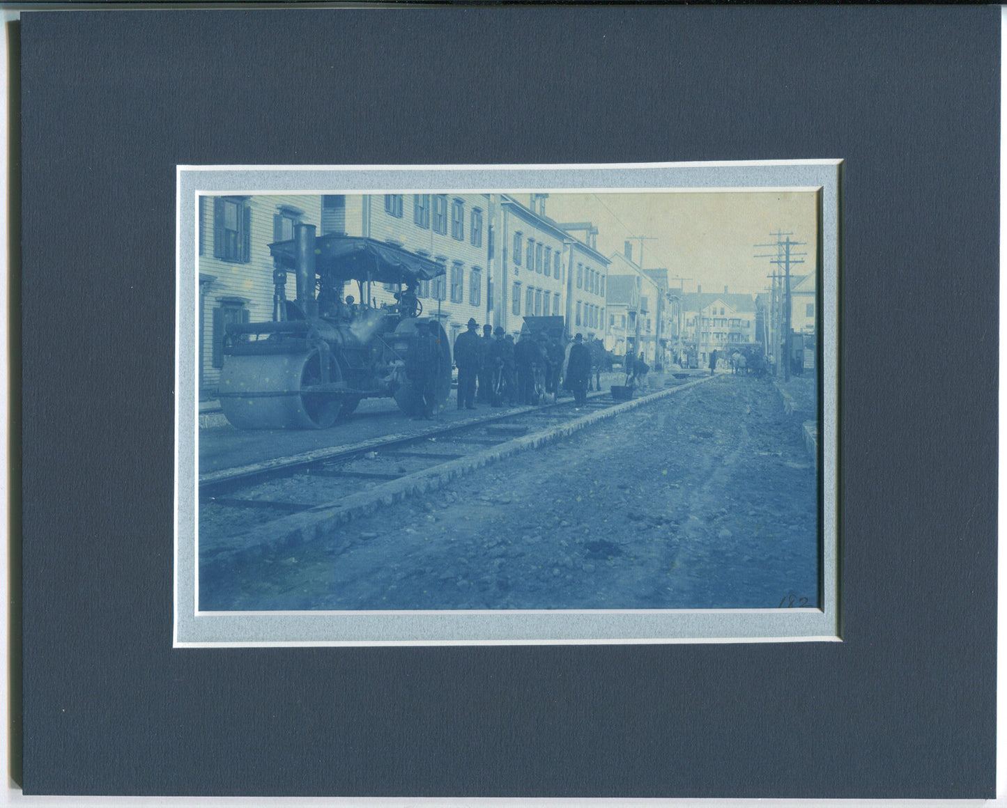 OCCUPATIONAL. CYANOTYPE, EARLY STEAMROLLER 4.5X6.5 PHOTO IN 8X10 ARCHIVAL MAT.
