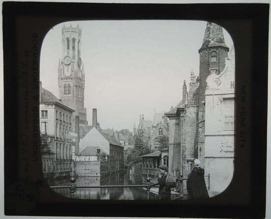 BELGIUM BOY SMOKING NEAR CHURCH TOWER. LANTERN SLIDE.
