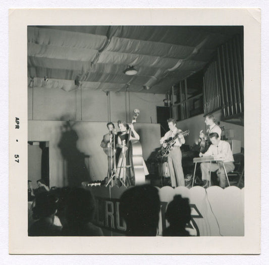 BAND ON STAGE, 1957. 3.5X3.5 IN. B&W 6 SET. VINTAGE.