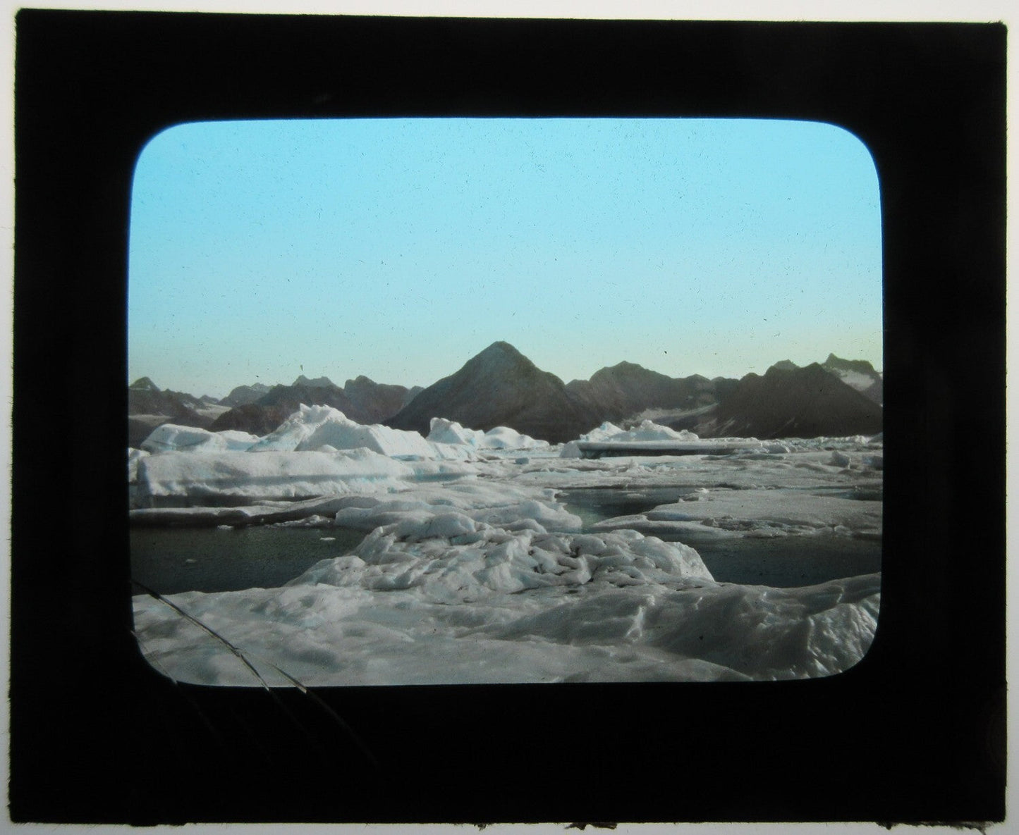 Vintage hand-colored photo on glass lantern slide - Ice on the Water, original, 3.25x3.5 in, shows wear