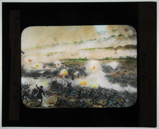 BATTLE OF FREDERICKSBURG. HAND COLORED PHOTO ON GLASS OF PAINTING.