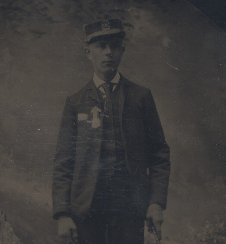 TINTYPE OF FIREMAN STEAM ENGINE CONDUCTOR IN UNIFORM W/ POKING STICK, RARE