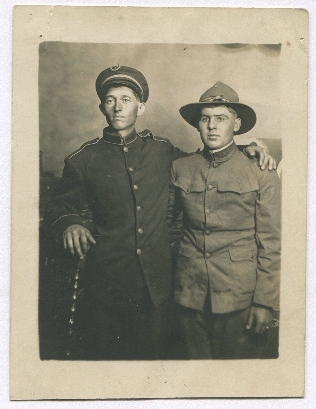 WWI ERA SOLDIER W/FRIEND.  4.75X3.5 PHOTO POSTCARD.