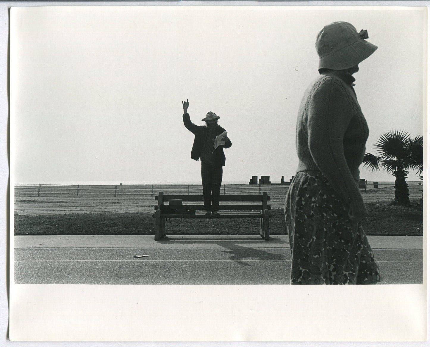 Vintage Black-and-White Photo: Man Speaking on Park Bench, 8x10, 1970s Street Portrait, Classic Wall Art