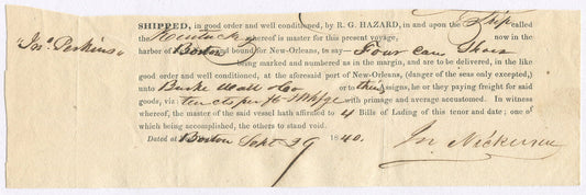 BILL OF LADING PURCHASE BY ROWLAND HAZARD, CLOTHING FOR ENSLAVED PEOPLE. 1840.