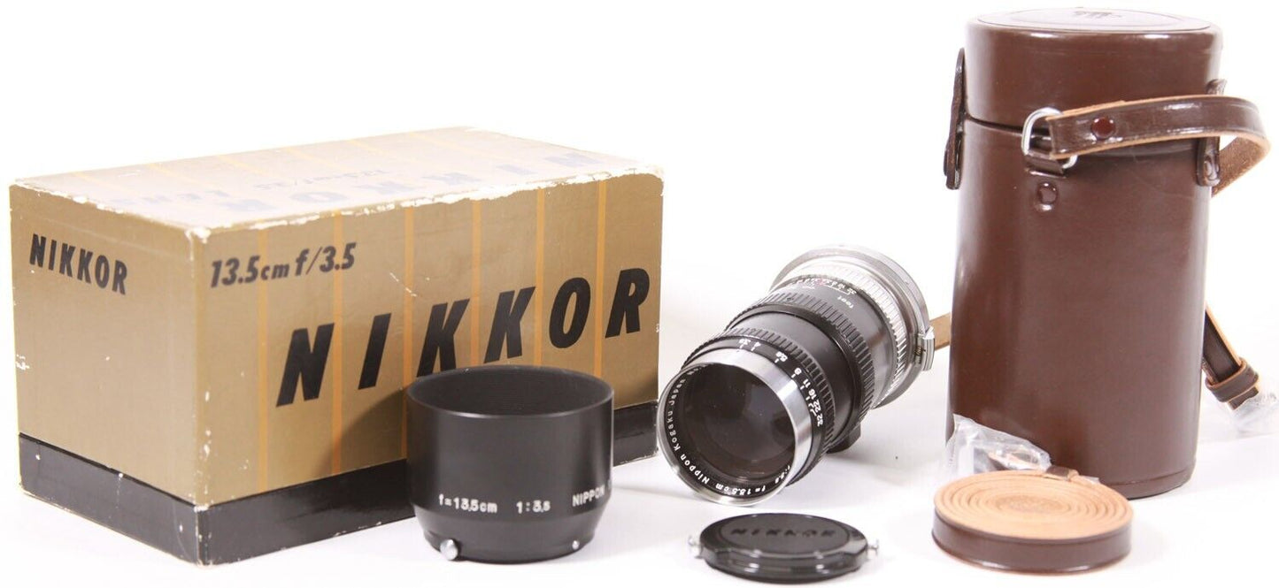 Nikon Nippon Kogaku Nikkor 13.5cm f/3.5 135mm Lens S Mount w/ Hood, Case, Box