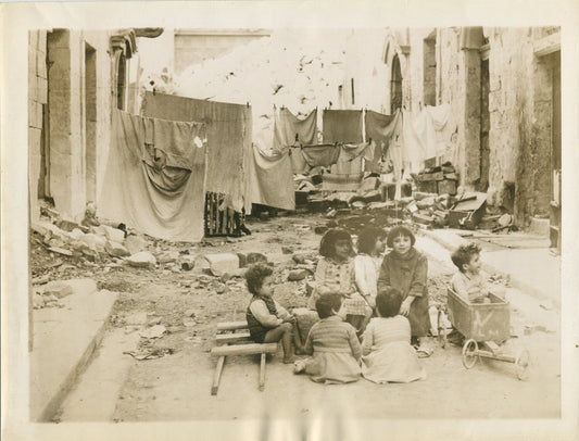 Vintage WWII Malta 8x10 Print - Children Playing in War-Torn Street,