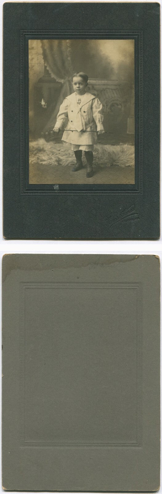 YOUNG BOY IN FANCY SAILOR OUTFIT, HOLDING CANE. 5.5X4 TONED SILVER PRINT