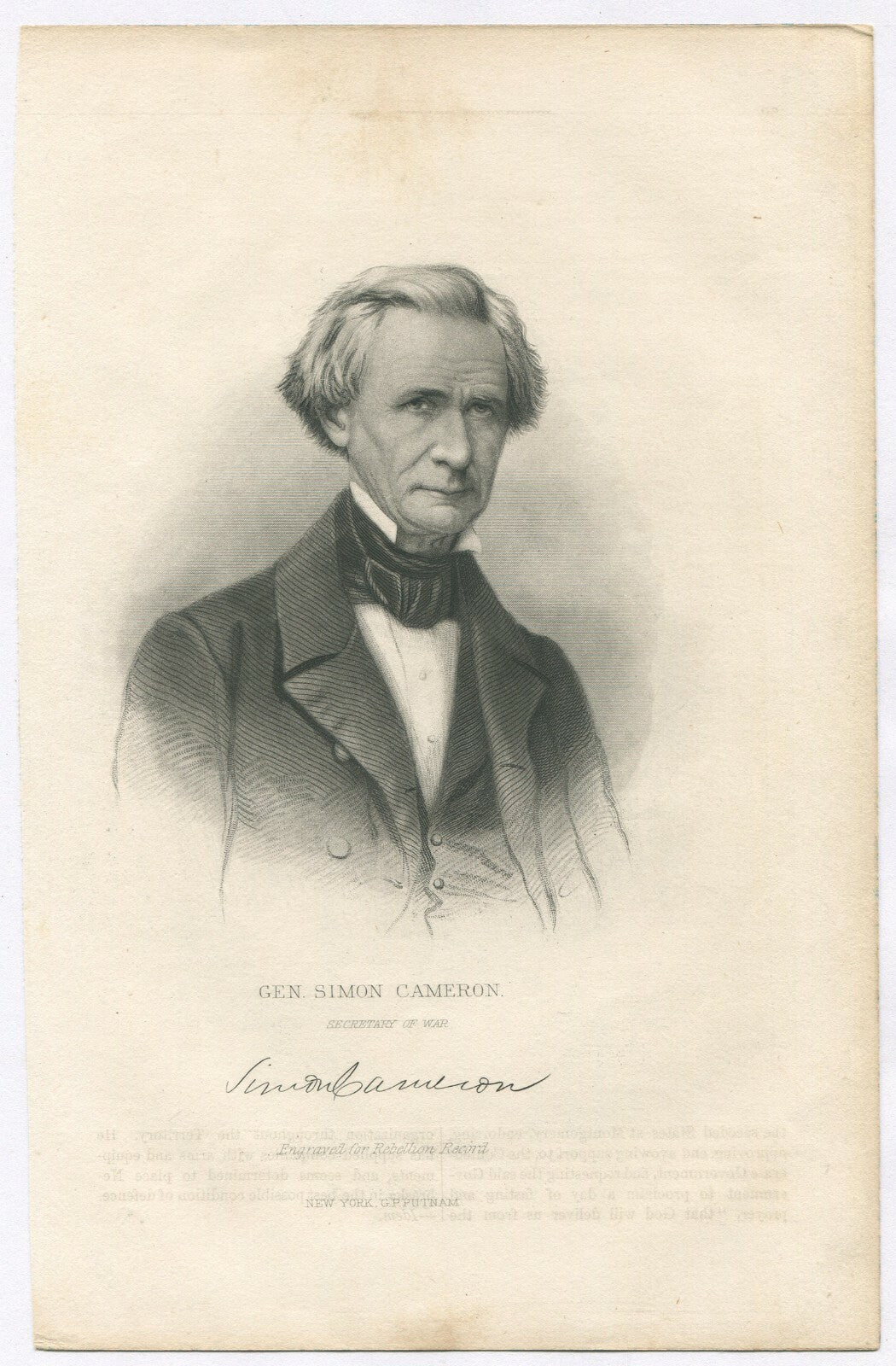 GEN. SIMON CAMERON,SEC. OF WAR. LITHOGRAPH 9.5X6 INCHES.