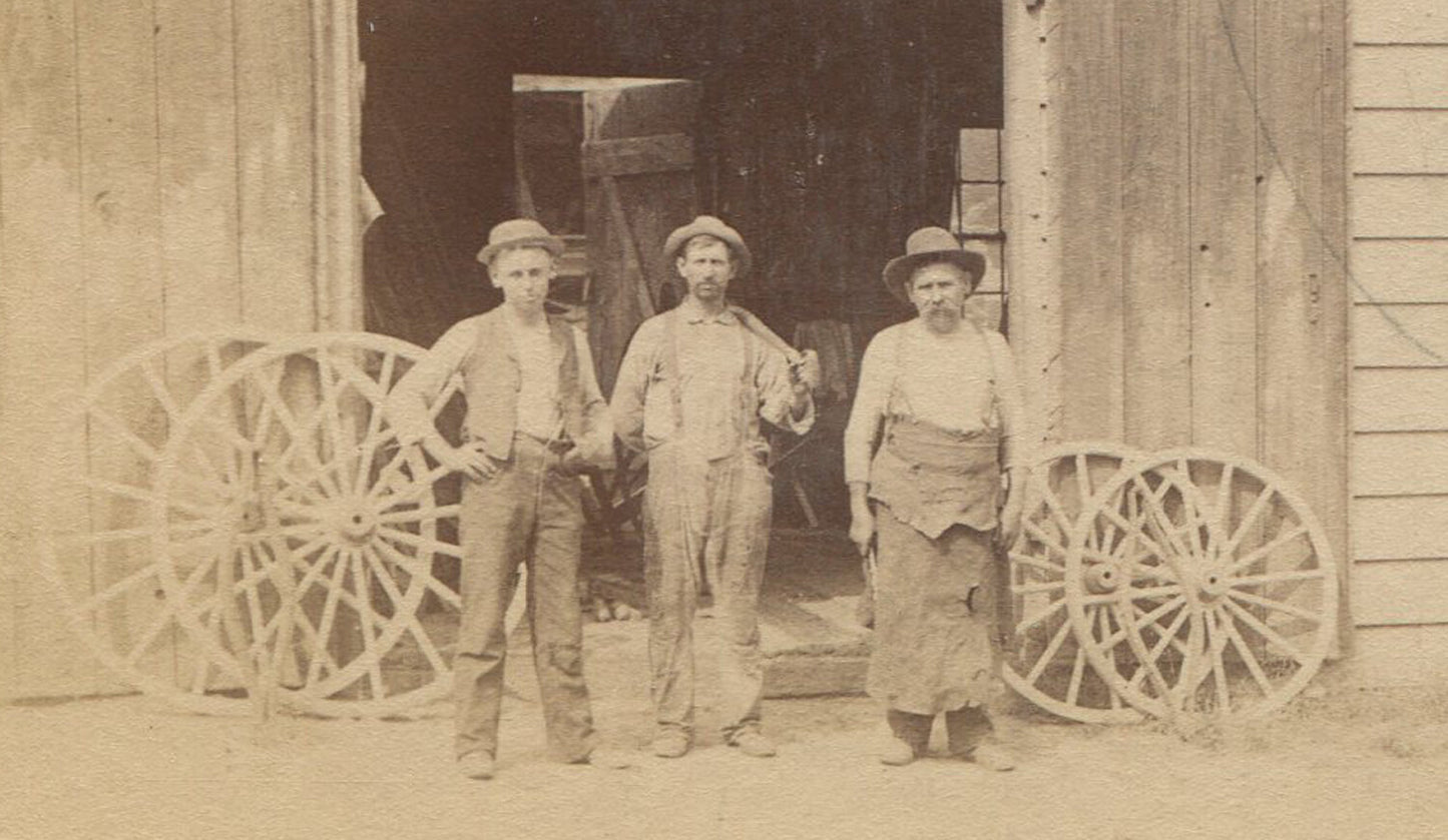 BLACKSMITH SHOP EXTERIOR. WORKERS WITH WHEELS AT DOOR. CABINET CARD. N.Y.