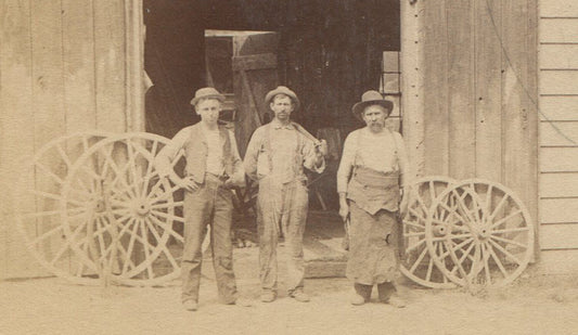 BLACKSMITH SHOP EXTERIOR. WORKERS WITH WHEELS AT DOOR. CABINET CARD. N.Y.