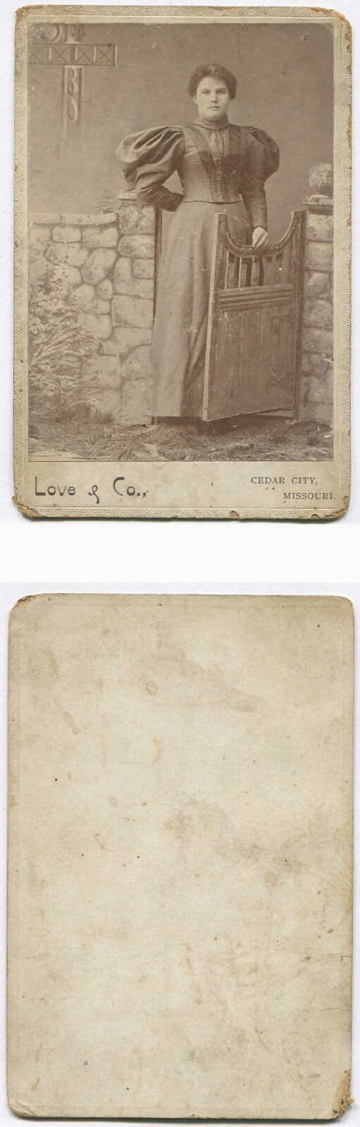 WOMAN, BIG PUFFY SLEEVES. LOVE & COMPANY CABINET CARD. CEDAR CITY, MO.
