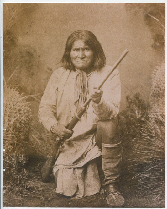 Vintage Geronimo Posed with Rifle - 8x10 Toned B&W Photo Reproduction, Wear/Lower Left Tear