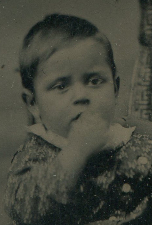 Tintype Toddler Snacking Portrait Seated, Vintage Original Photo 3.75x2.5