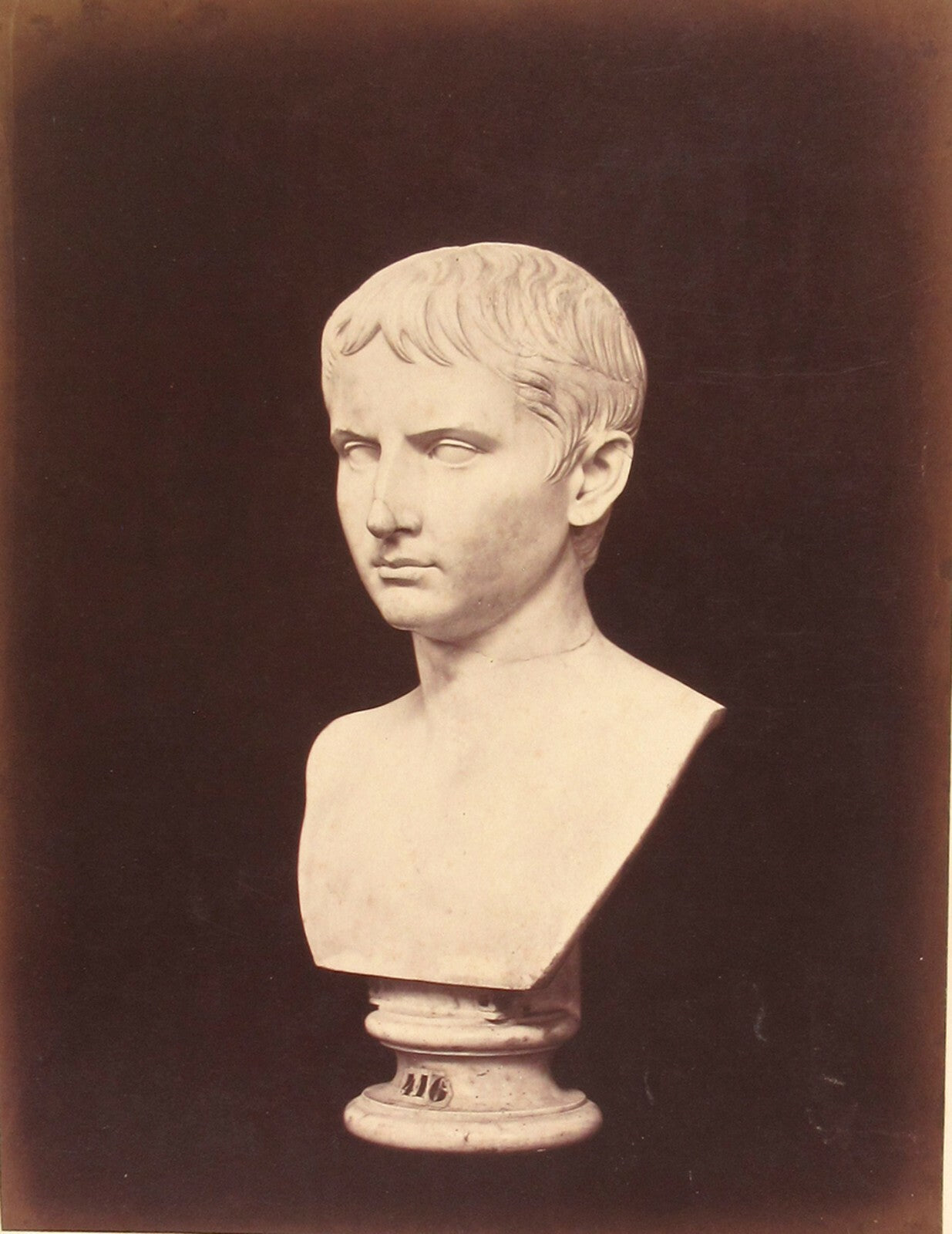 Vintage albumen photo: Roman male head sculpture, Rome, Italy – 10.25x8 image on 19.25x12.5 card, authentic original