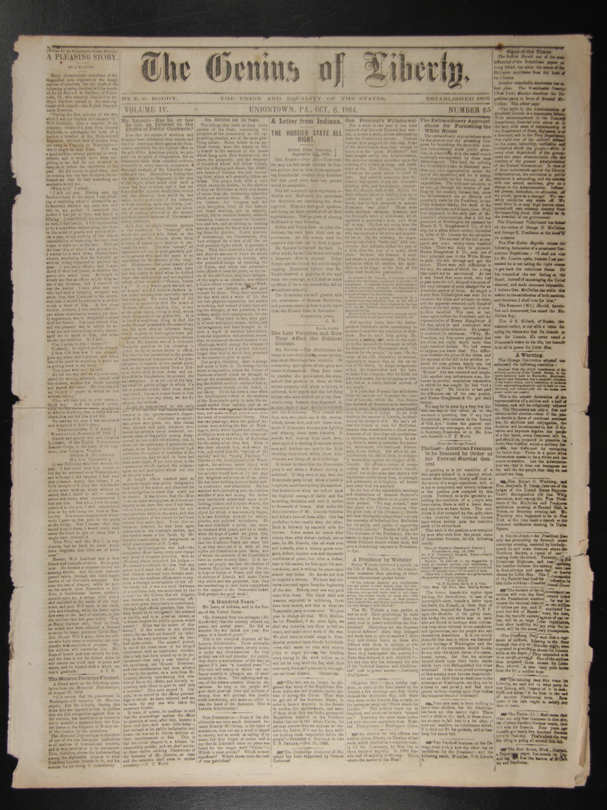 VINTAGE NEWSPAPER: THE GENIUS OF LIBERTY UNIONTOWN PA OCT. 6TH 1864