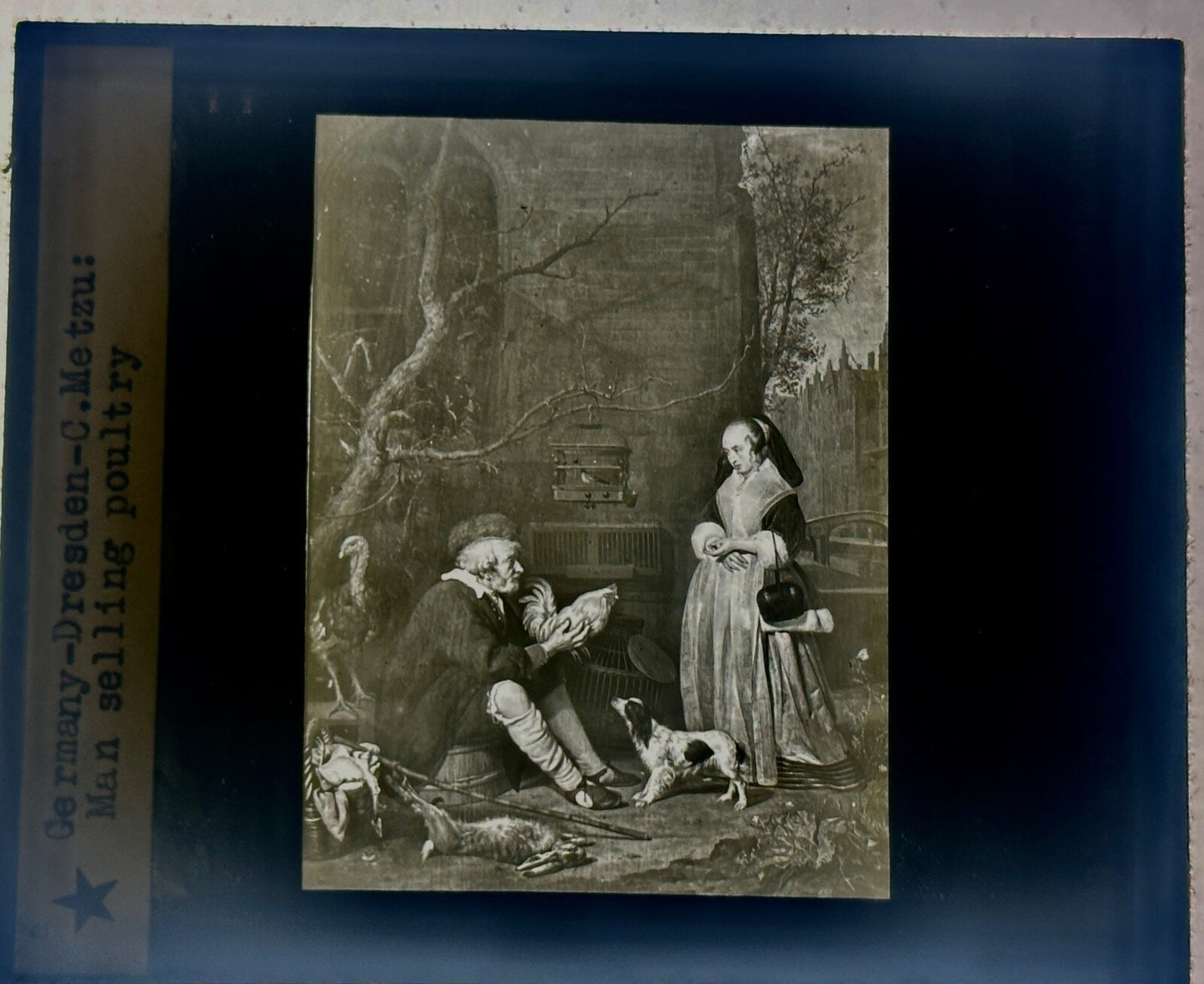 VINTAGE LANTERN SLIDE "MAN SELLING POULTRY" GERMANY-DRESDEN -C.METZU 3.25X4IN