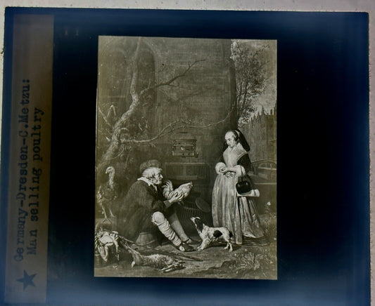 VINTAGE LANTERN SLIDE "MAN SELLING POULTRY" GERMANY-DRESDEN -C.METZU 3.25X4IN