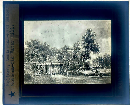 VINTAGE LANTERN SLIDE  RYKS MUSEUM HOBBENS, "OLD WATERMILL" 3.25X4IN