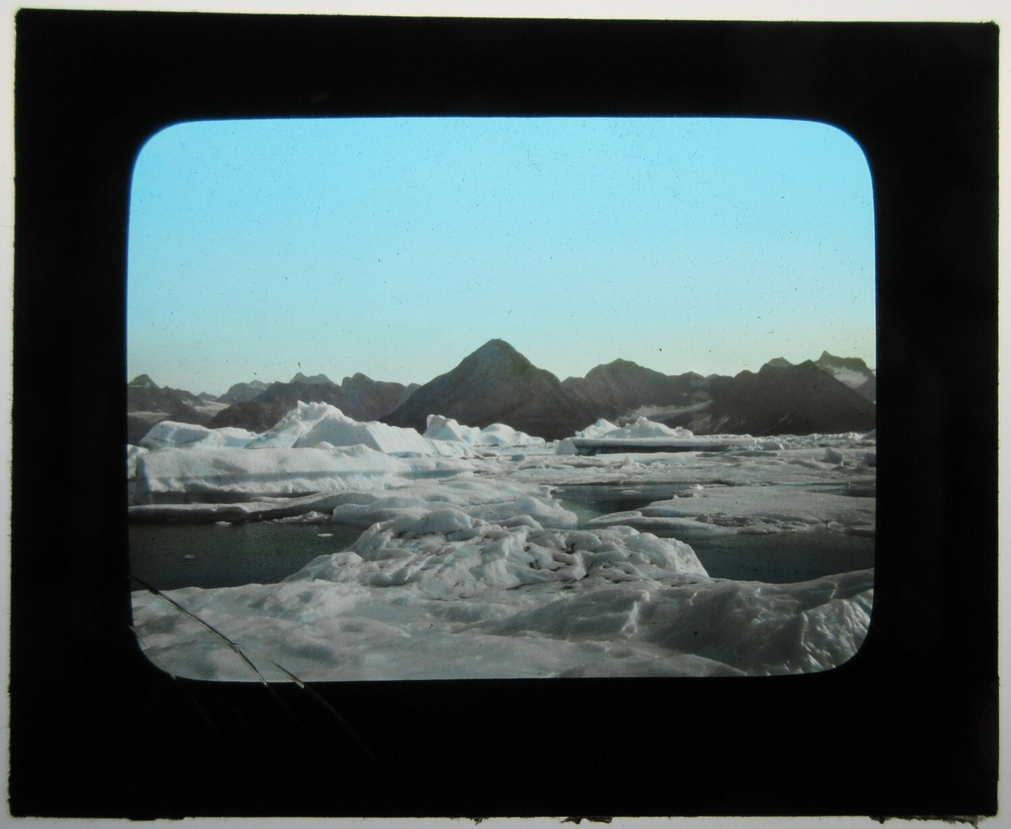 Vintage hand-colored photo on glass lantern slide - Ice on the Water, original, 3.25x3.5 in, shows wear