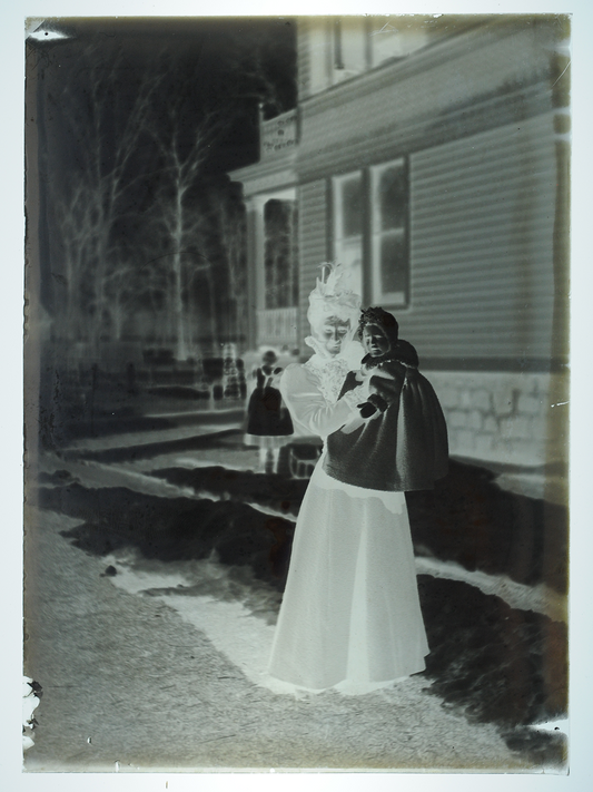 5x7 Glass Plate Negative 1920s Mother and Daughter Front of House Portrait