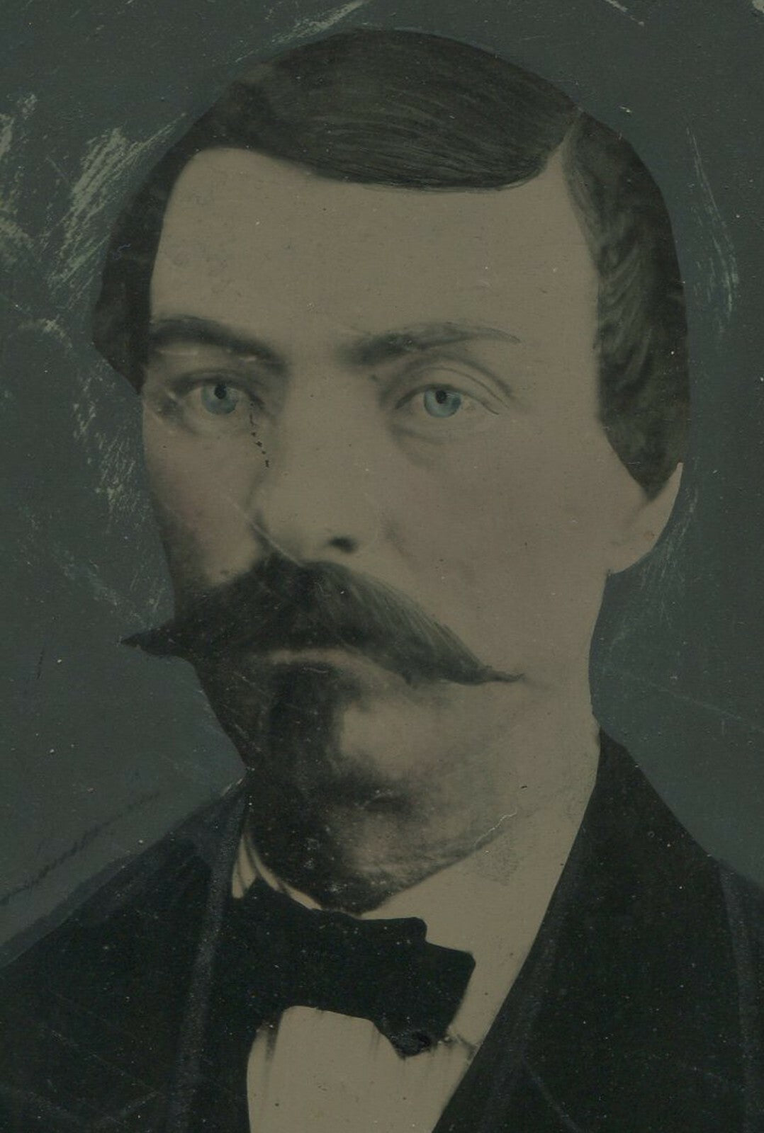 MAN W/MUSTACHE AND SOUL PATCH. FOLK ART, PAINTED, TINTED TINTYPE 6.5 X 8.5 IN.