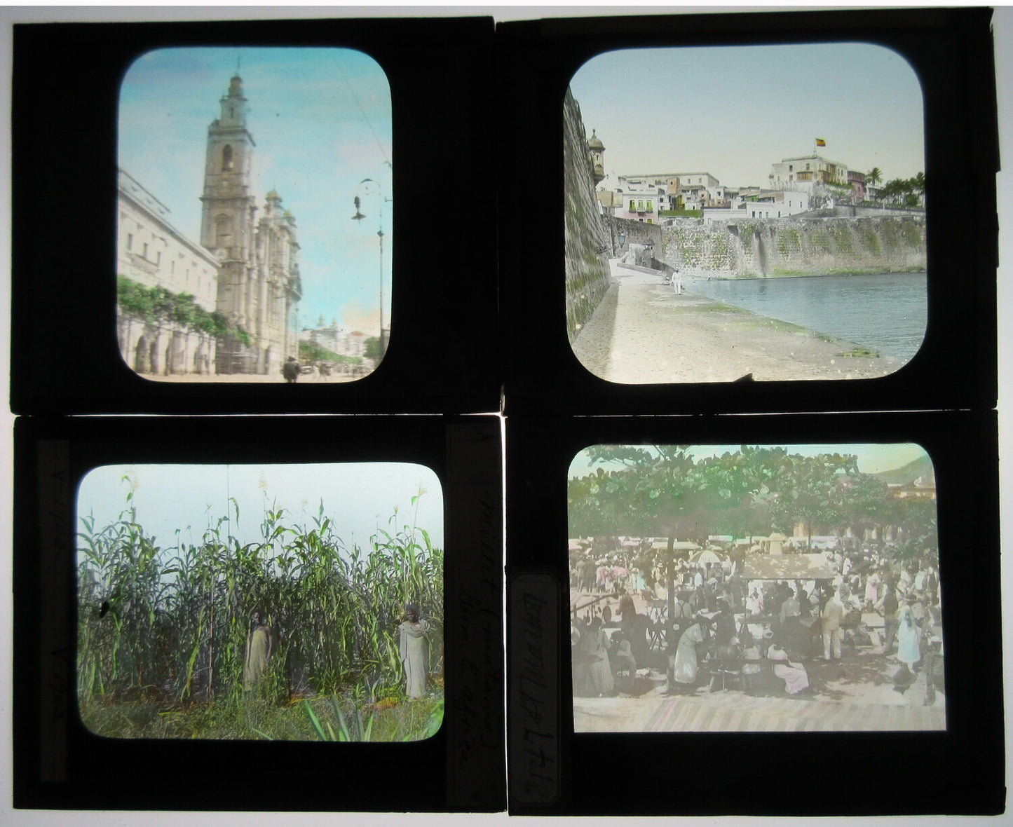 Vintage 4-Scene Lantern Slide Set Market, Port, Agriculture Tinted Hand-Colored Glass Photos