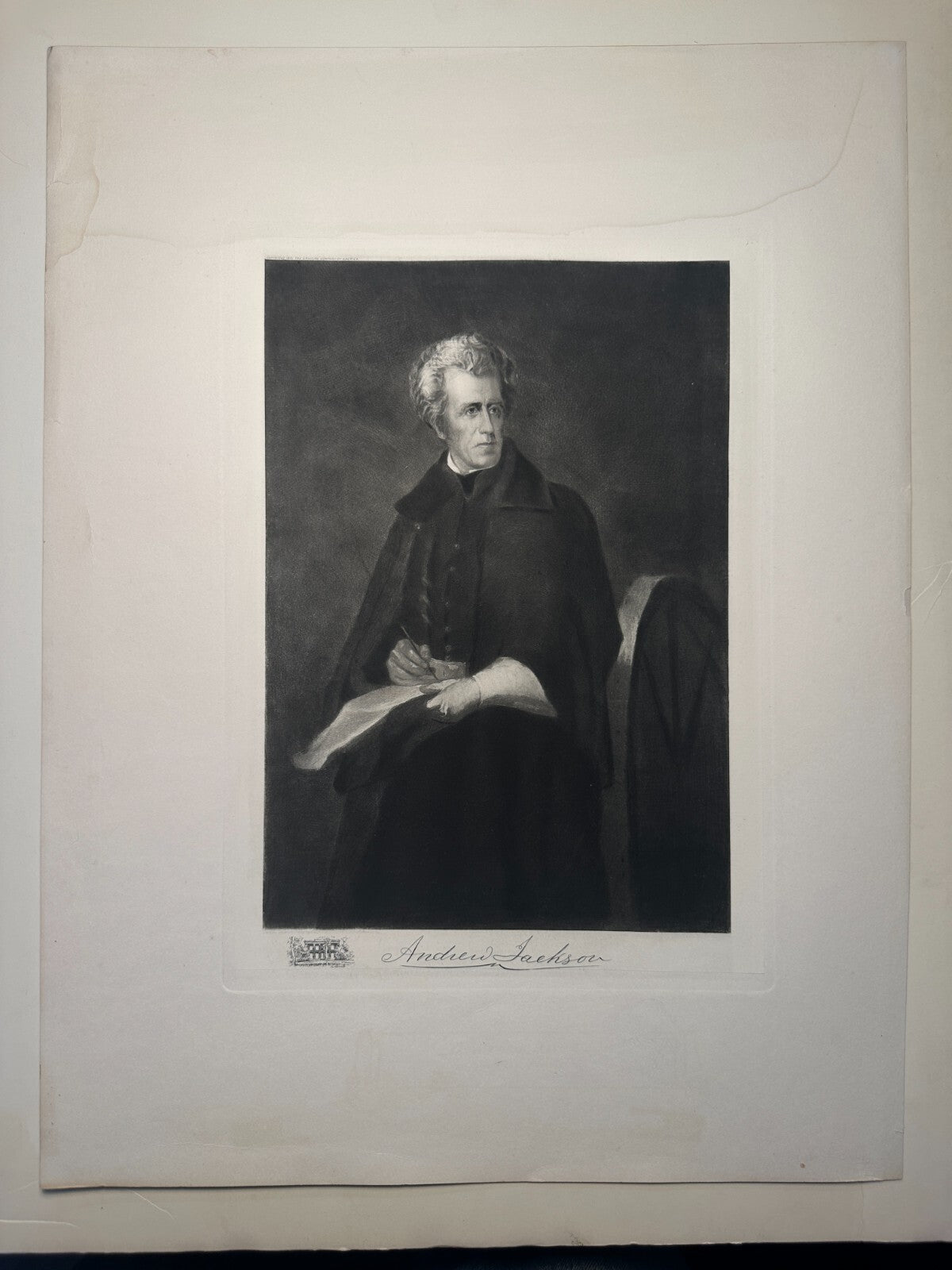 Vintage photogravure portrait of President Andrew Jackson with Major-General Wheeler dedication, 8x12 on 16x20 stock