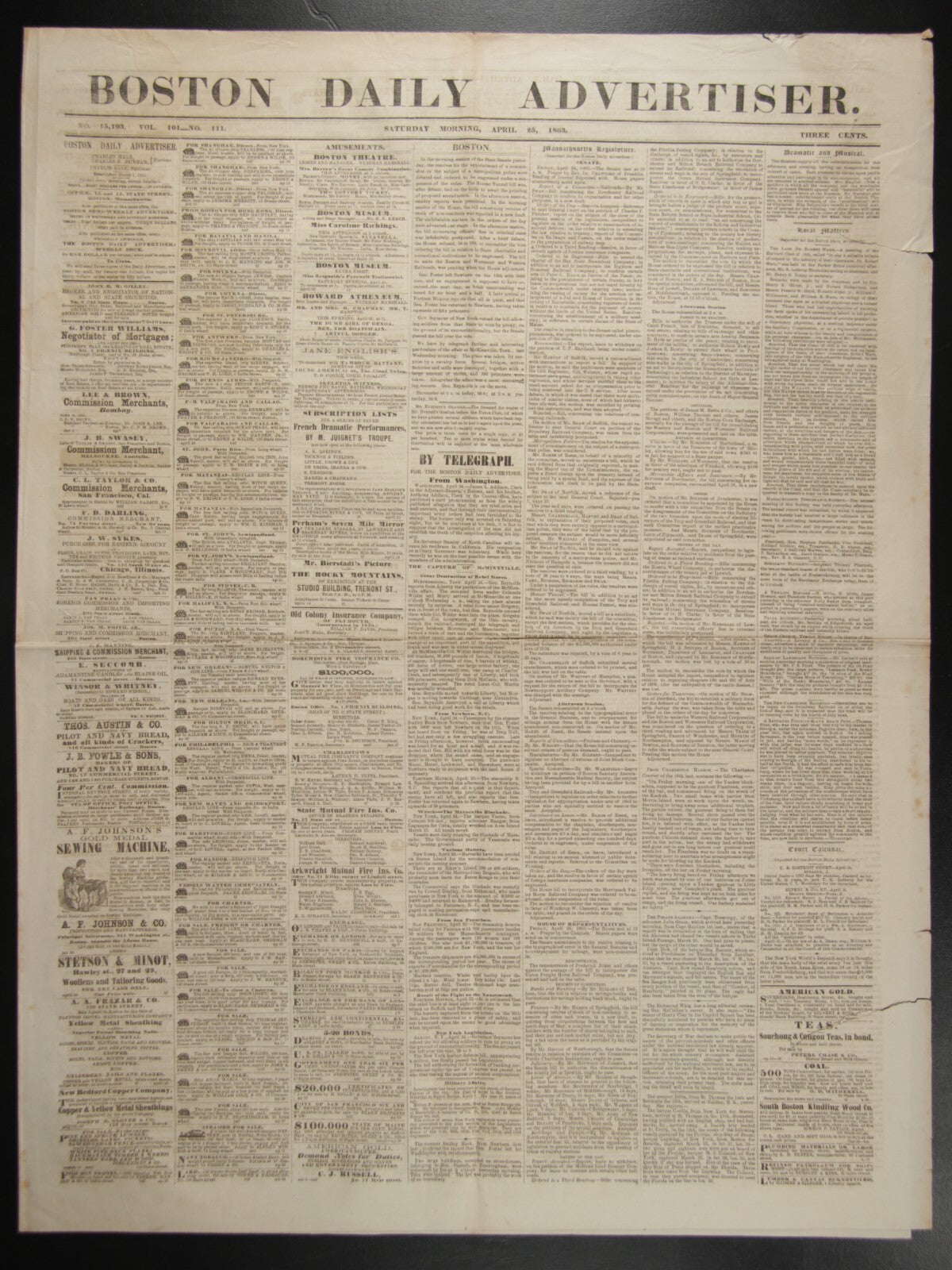 VINTAGE NEWSPAPER: BOSTON DAILY ADVERTISER APRIL 25TH 1863