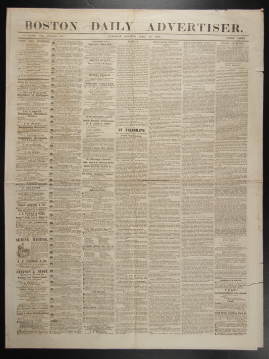 VINTAGE NEWSPAPER: BOSTON DAILY ADVERTISER APRIL 25TH 1863
