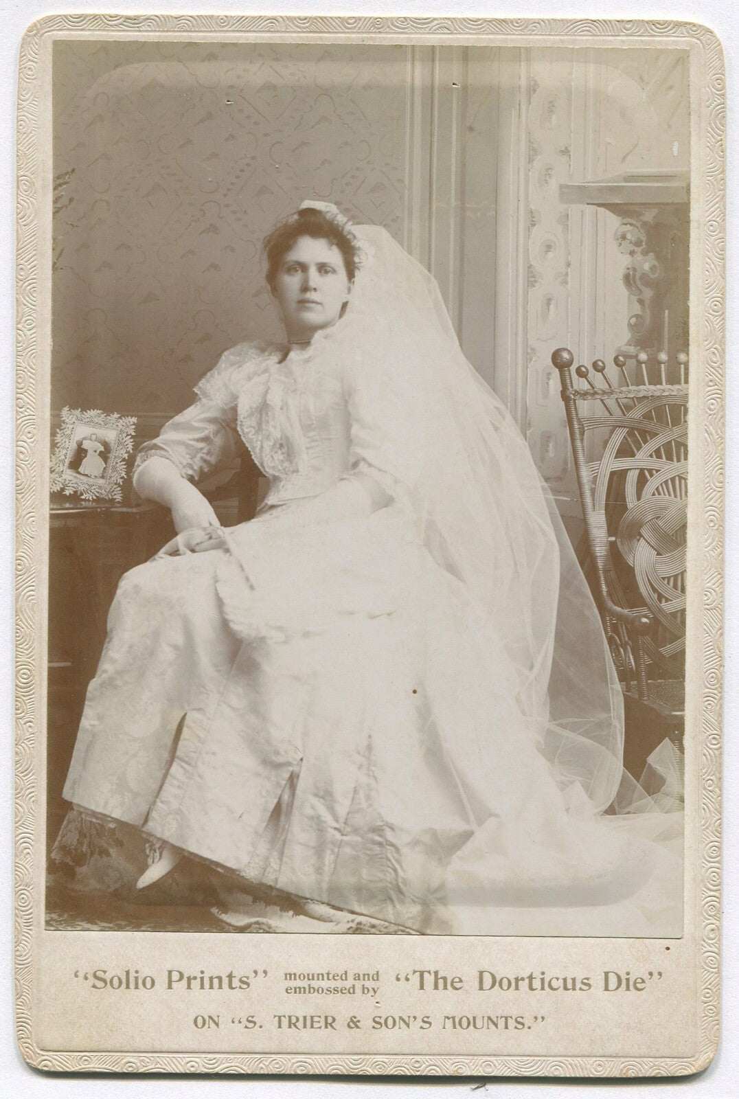 WEDDING PHOTO AND DORTICUS EMBOSSING PRESS ADVERTAINMENT. CABINET CARD. N.J.