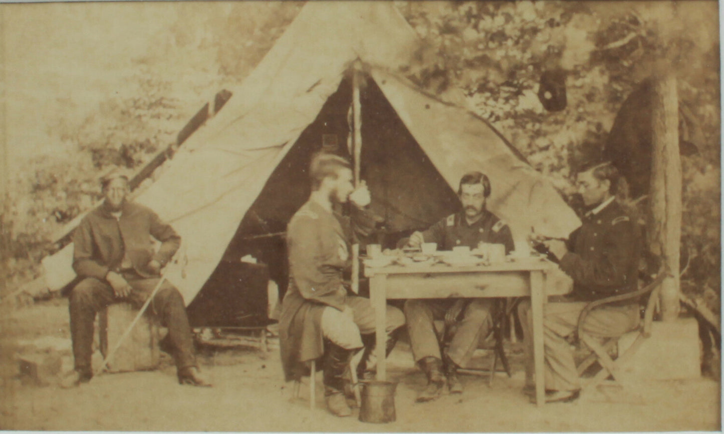 CIVIL WAR CDV. OFFICERS DINE, BLACK SOLDIER LOOKS ON. 8X10 FRAME/ARCHIVAL MAT.