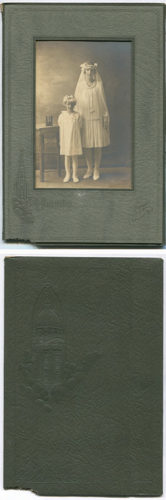 YOUNG WOMAN POSED W/ YOUNG GIRL BOTH DRESSED FOR COMMUNION RELIGIOUS CEREMONY