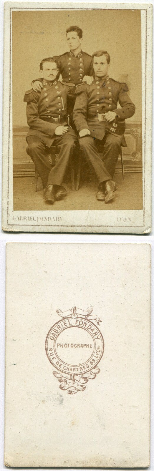 FRENCH MEN IN UNIFORM, AFFECTIONATE POSE. CDV. LYON, FRANCE.