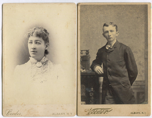 WOMAN W/CAMEO PIN, MAN IN 4 BUTTON COAT. CABINET CARD 2 SET. ALBANY, N.Y.
