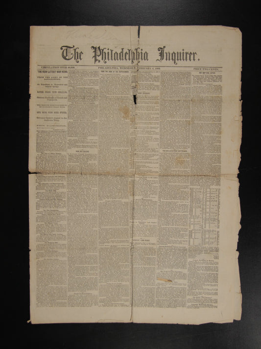 VINTAGE NEWSPAPER: THE PHILADELPHIA INQUIRER WEDNESDAY FEB 4TH 1863