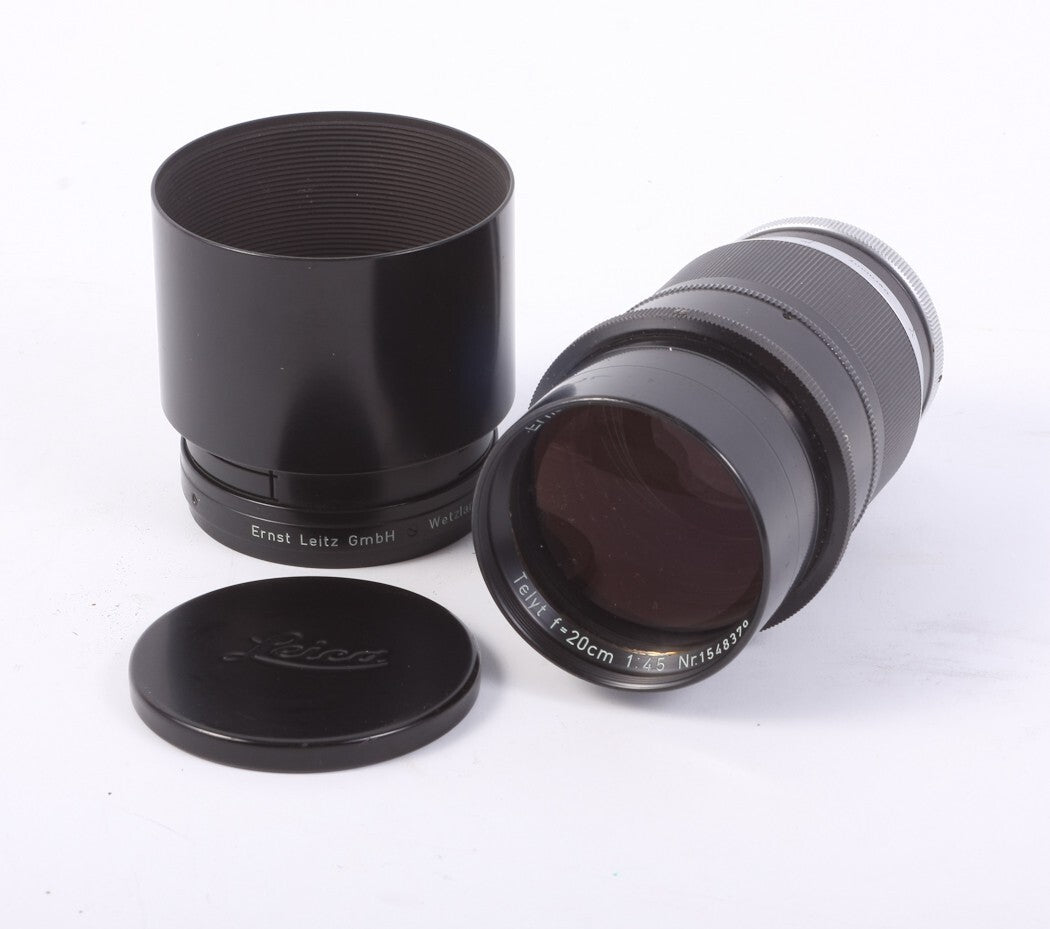 LEICA TELYT 20CM 200MM F 4.5 M39 WITH HOOD OTPLO 1953 VINTAGE VISOFLEX AND CAP
