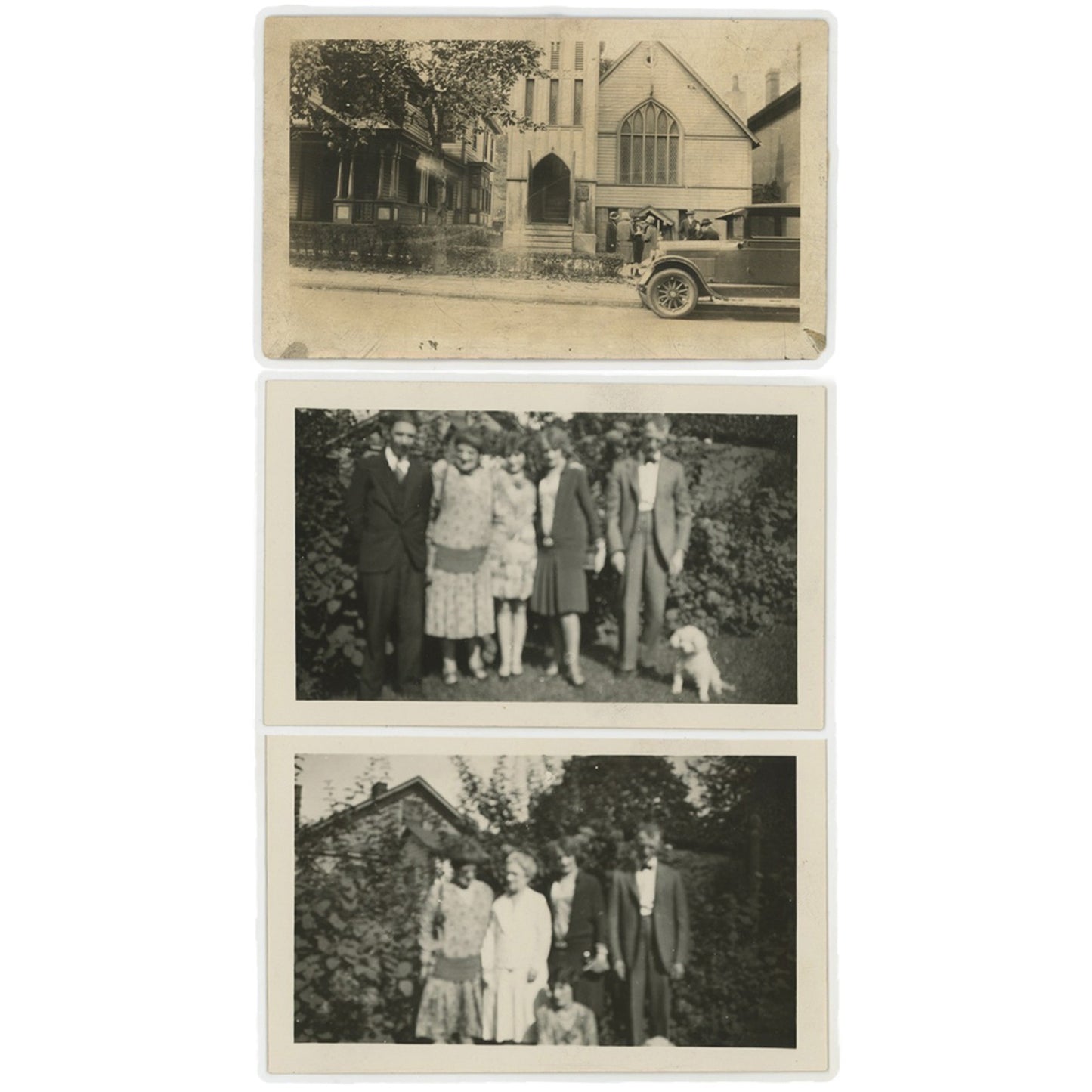 1920S VINTAGE PHOTO - FAMILY AT CHURCH W CAR, EXTRA PHOTOS (4) INDIANAPOLIS IND