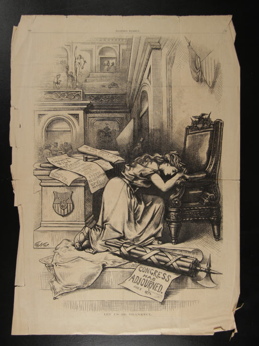 VINTAGE NEWSPRINT HARPERS WEEKLY CIVIL RIGHTS BILL TABLED JULY 4TH 1874 24X17"