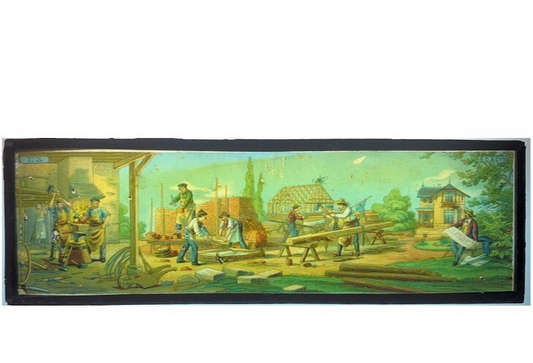 Vintage Color Lantern Slide  Depicting 19th Century Building Trades 3.5 x 11"