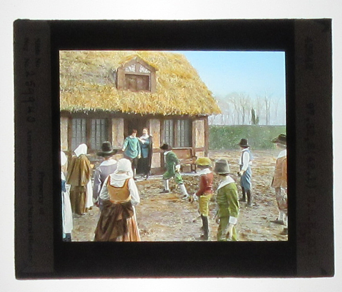 ACTORS PORTRAY PILGRIMS W/PROBLEMS. HAND COLORED PHOTO ON GLASS.